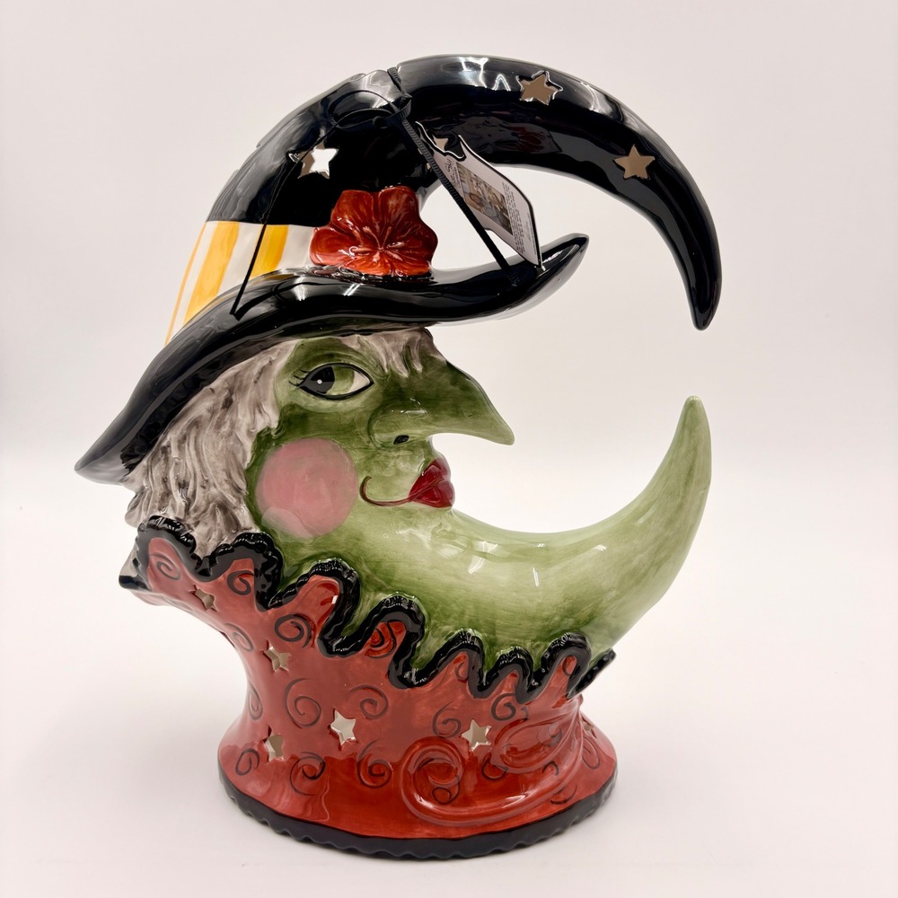 Blue Sky Halloween Crescent Moon Witch Ceramic Tea Light Holder New